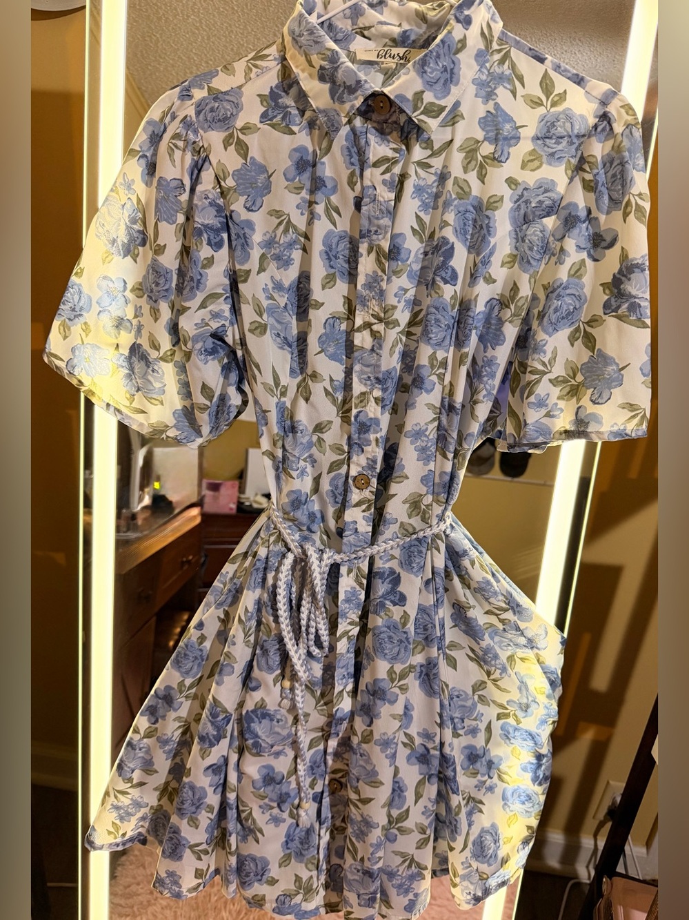 Blush Cream Dress with Blue Rose Print and Braided Waist Tie